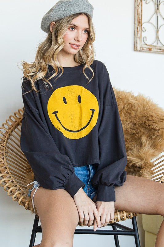 SMILEY FACE LONG SLEEVE CROP TOP