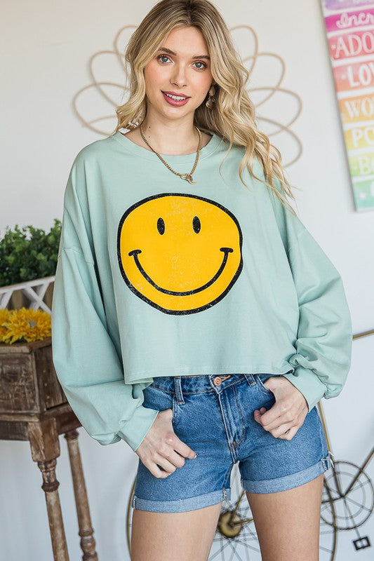 SMILEY FACE LONG SLEEVE CROP TOP