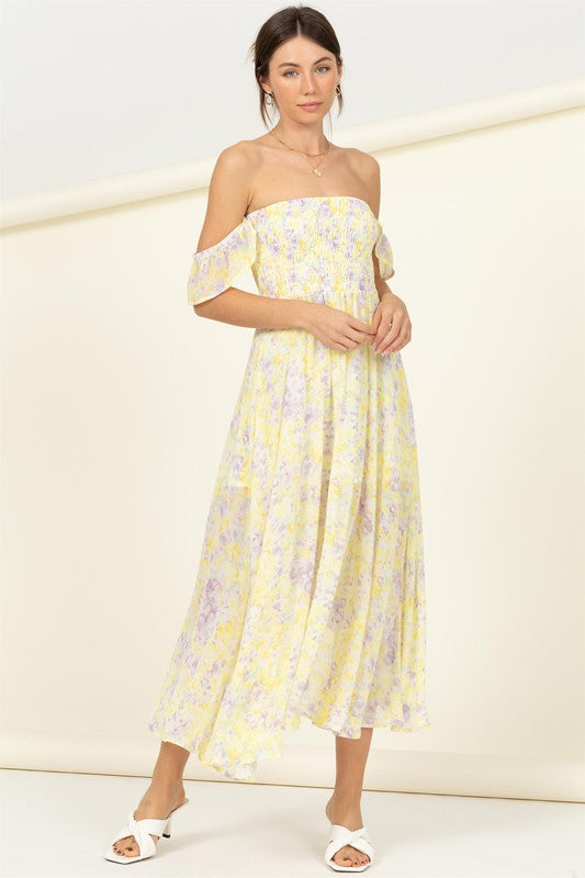 PASTEL FLORALS SMOCKED MIDI DRESS