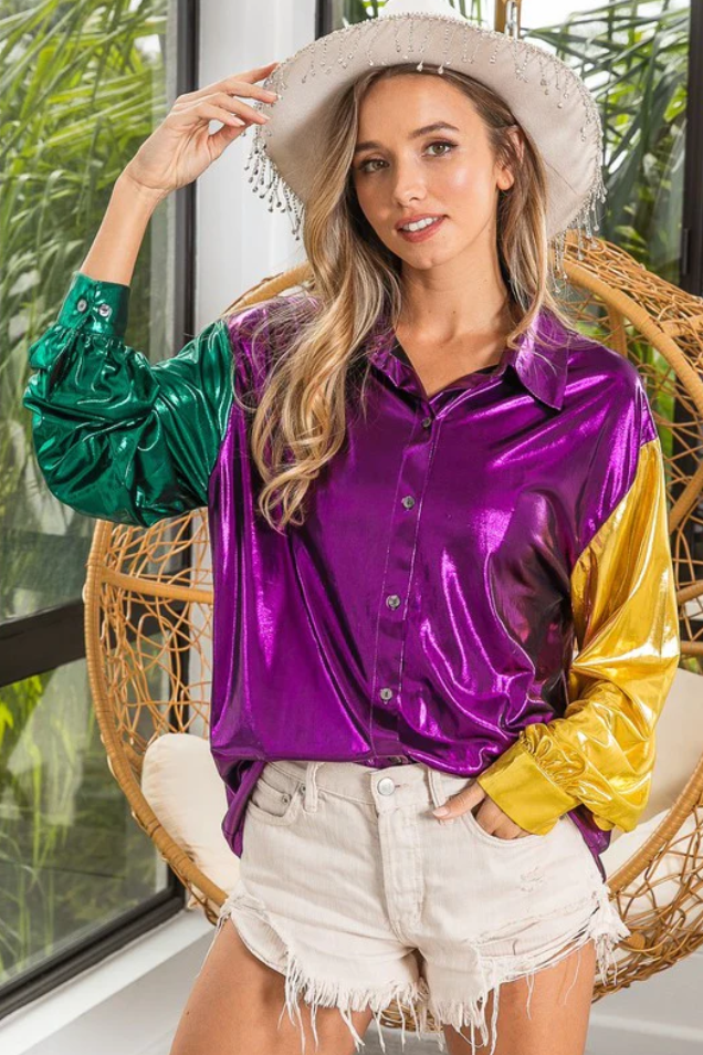 Spotlight Muse - Mardi Gras Metallic Button Down top!