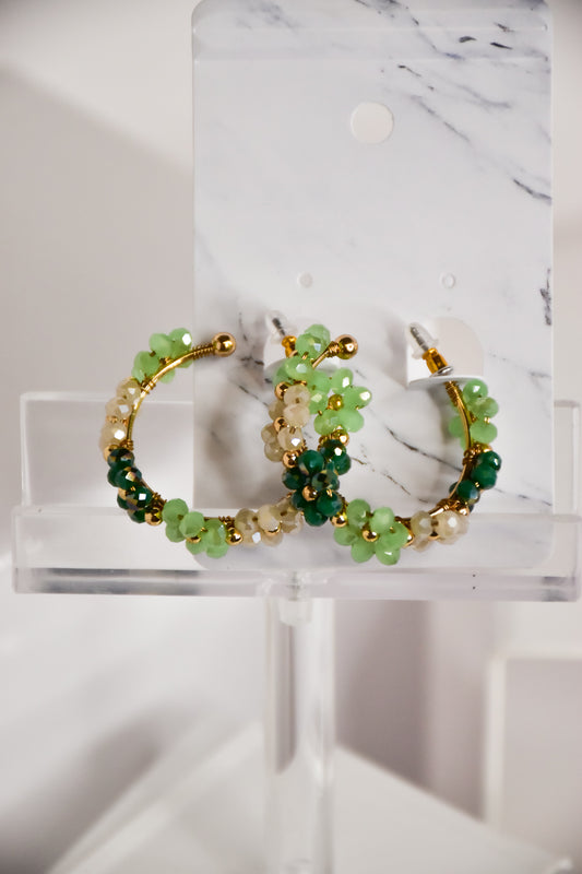 Shades of Green Beaded Floral Hoop Earrings