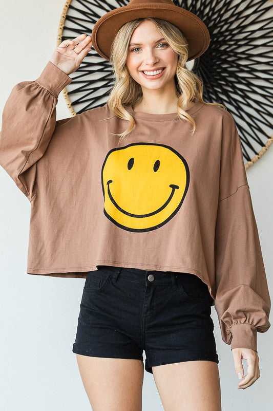 SMILEY FACE LONG SLEEVE CROP TOP