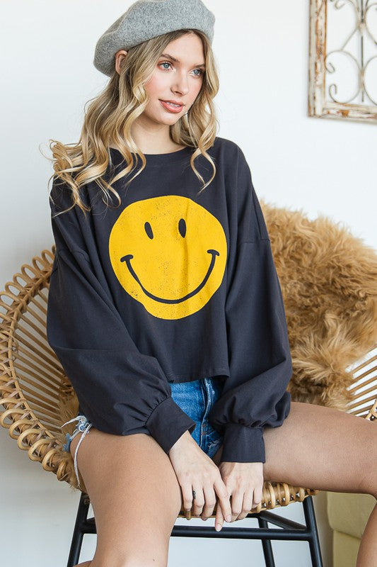 SMILEY FACE LONG SLEEVE CROP TOP
