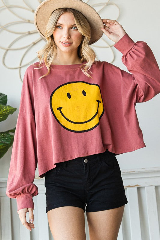 SMILEY FACE LONG SLEEVE CROP TOP