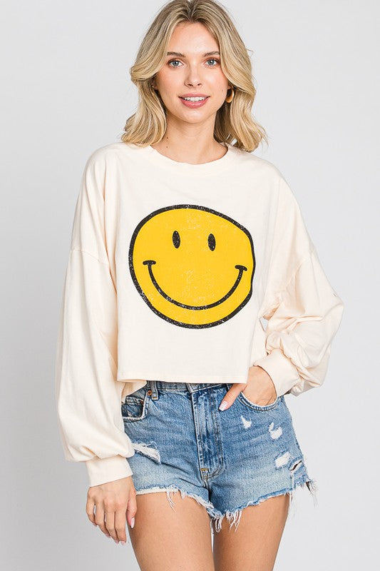SMILEY FACE LONG SLEEVE CROP TOP