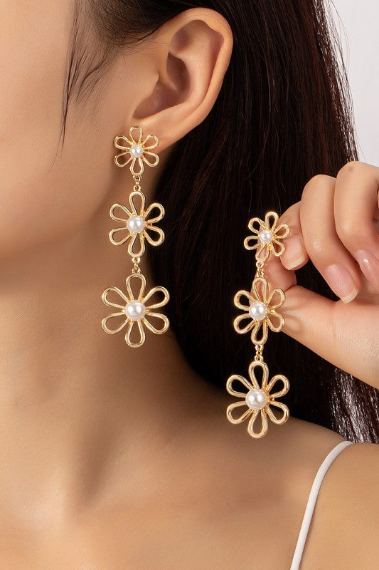 Drippin' Daisies 3 Tiered Pearled Gold Earrings