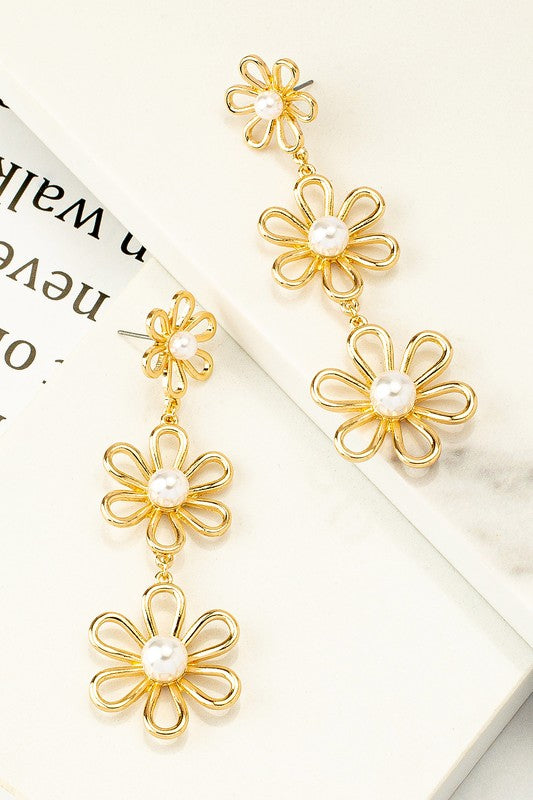 Drippin' Daisies 3 Tiered Pearled Gold Earrings