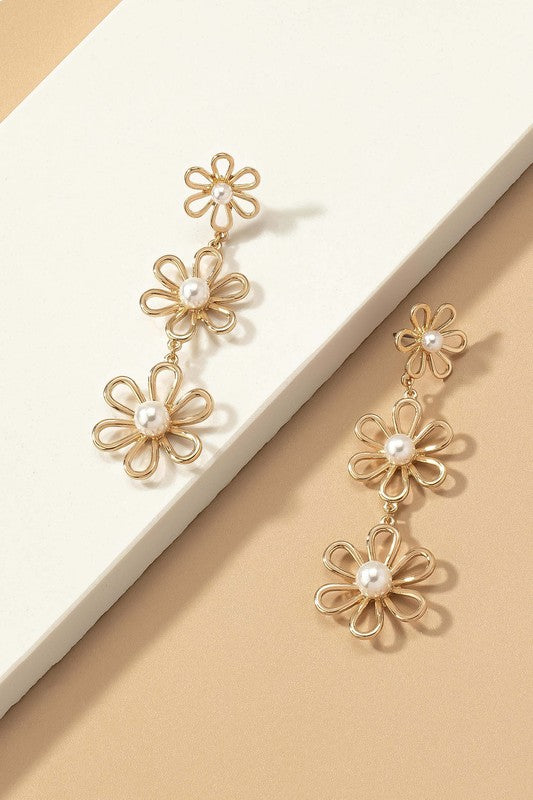 Drippin' Daisies 3 Tiered Pearled Gold Earrings