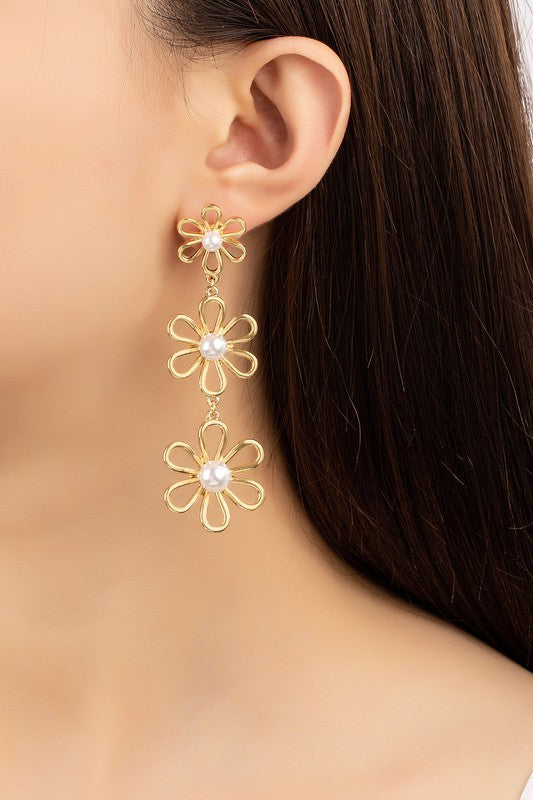 Drippin' Daisies 3 Tiered Pearled Gold Earrings