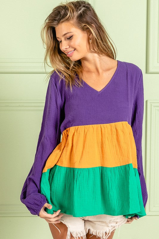 Parade Day Baby Doll flowy color block long sleeve Mardi Gras Top