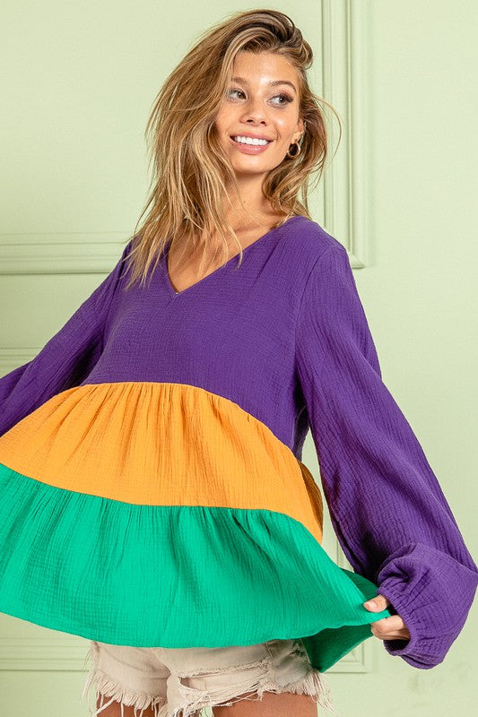 Parade Day Baby Doll flowy color block long sleeve Mardi Gras Top