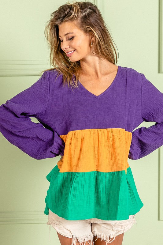 Parade Day Baby Doll flowy color block long sleeve Mardi Gras Top