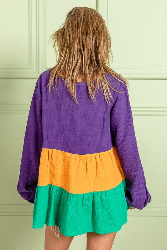 Parade Day Baby Doll flowy color block long sleeve Mardi Gras Top