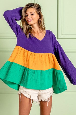 Parade Day Baby Doll flowy color block long sleeve Mardi Gras Top