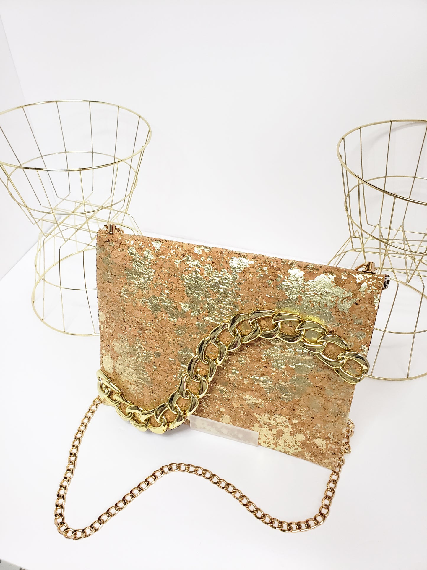 *HANDMADE*  "Carmela" Foiled Cork Canvas Clutch with chain detail