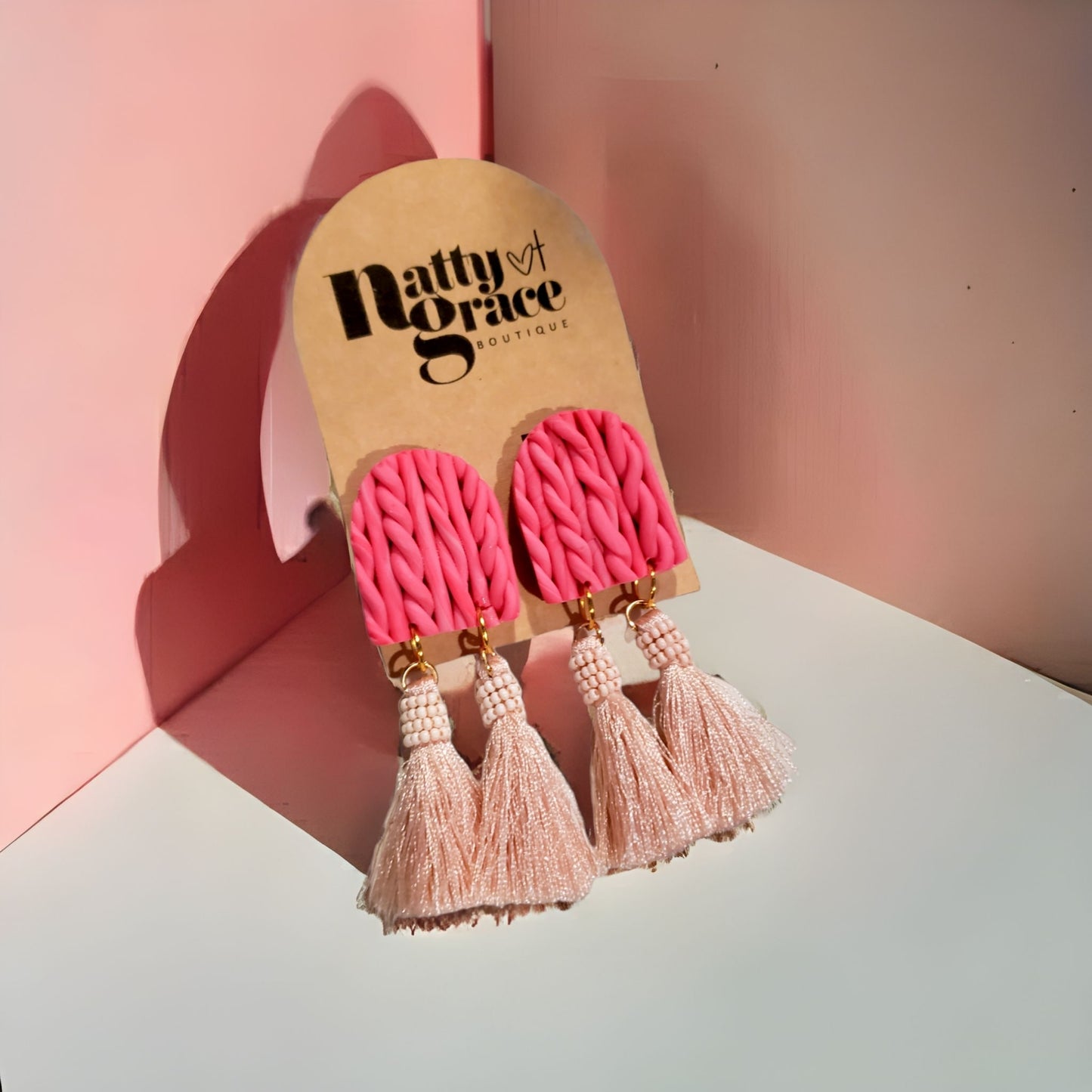 HANDMADE IN HOUSE - Pink Cable Knit Clay Tassel Earrings