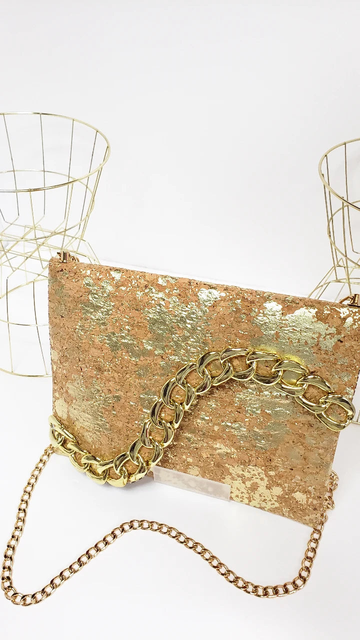 *HANDMADE*  "Carmela" Foiled Cork Canvas Clutch with chain detail