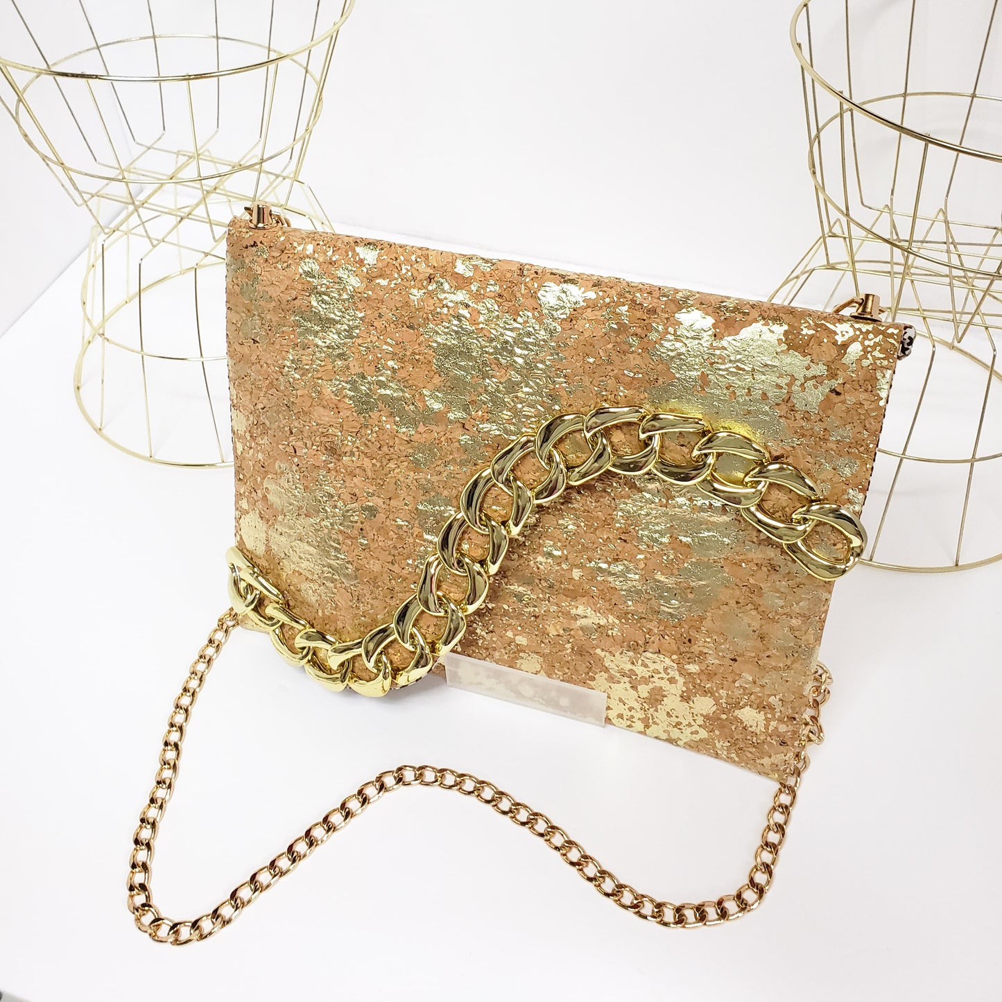 *HANDMADE*  "Carmela" Foiled Cork Canvas Clutch with chain detail