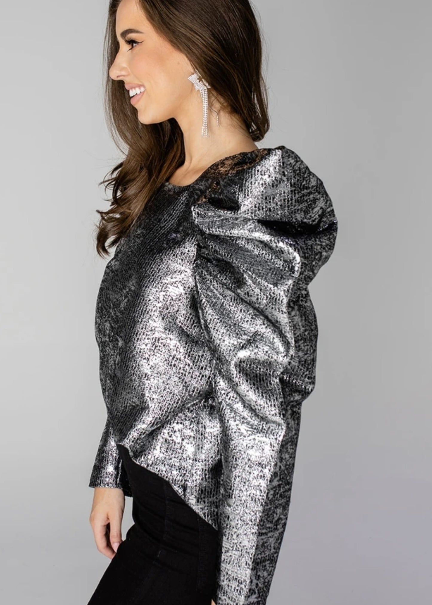 Rosie Aluminum Dramatic Puff Sleeve Top