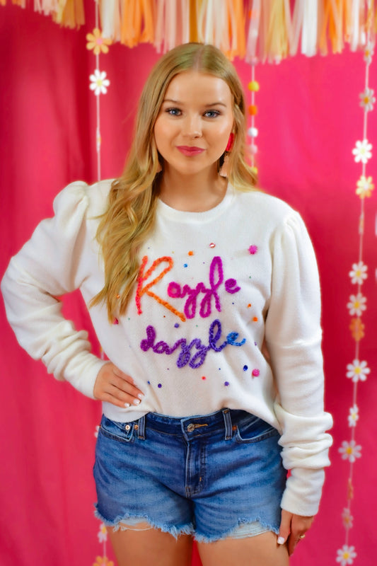 *Handmade* and Hand embroidered "Razzle Dazzle" Puff Sleeve Sweater